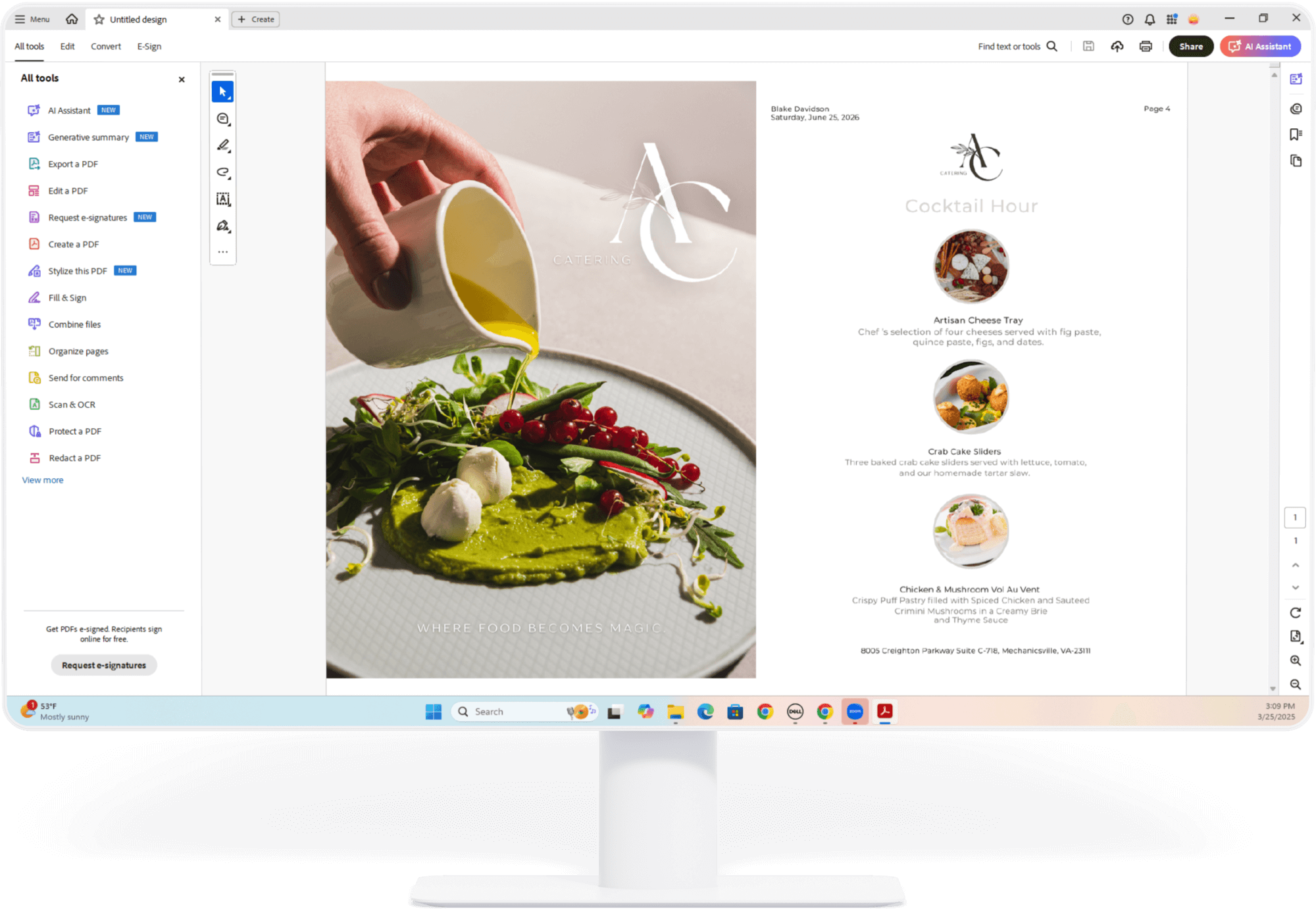 Computer with restaurant menu screen
