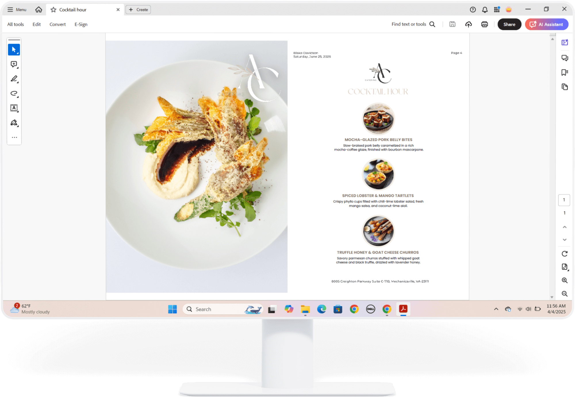 Computer screen with a catering menu